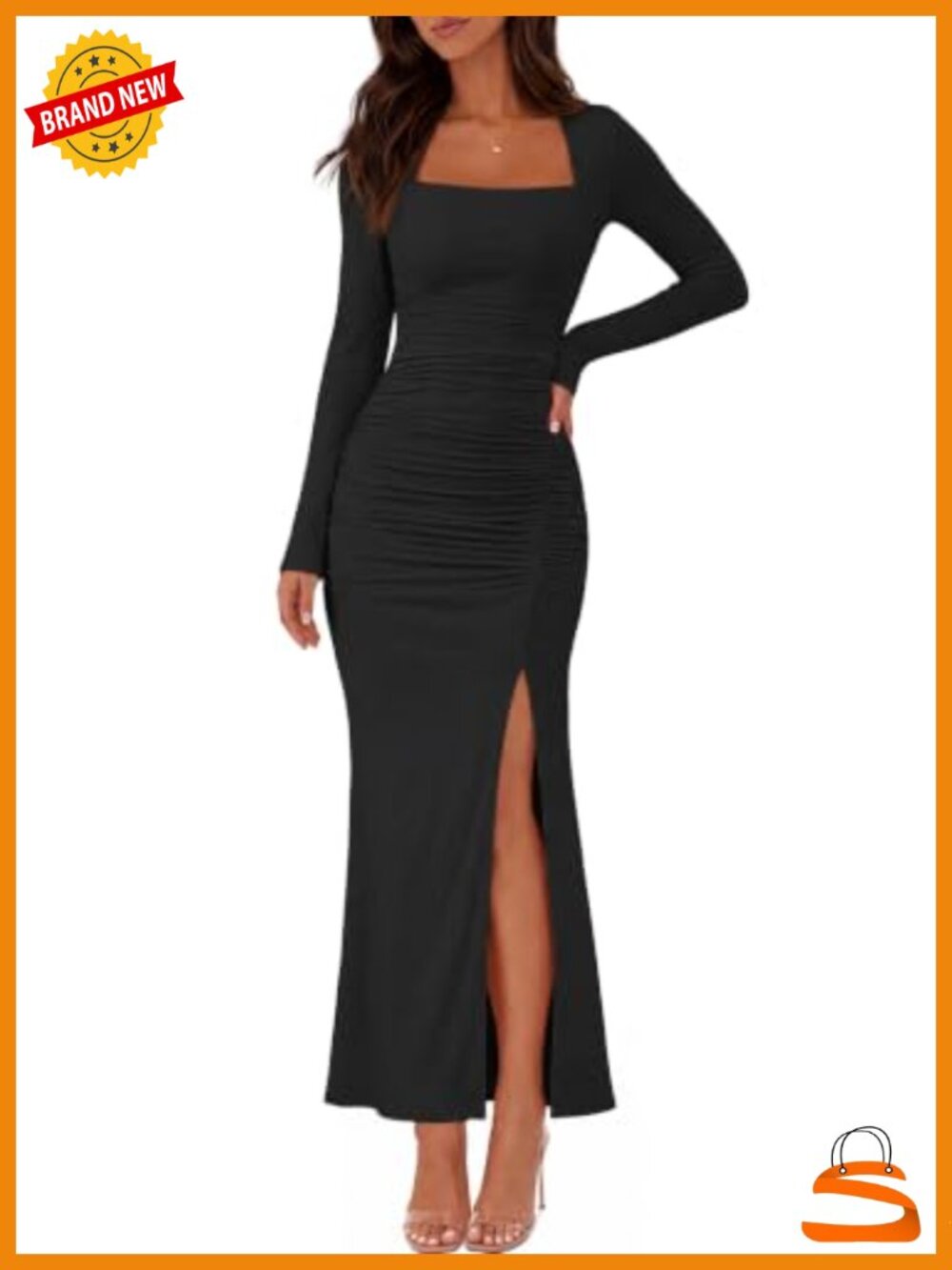 Womens Long Sleeve Maxi Dress Square Neck Bodycon Side Slit Ruched Formal